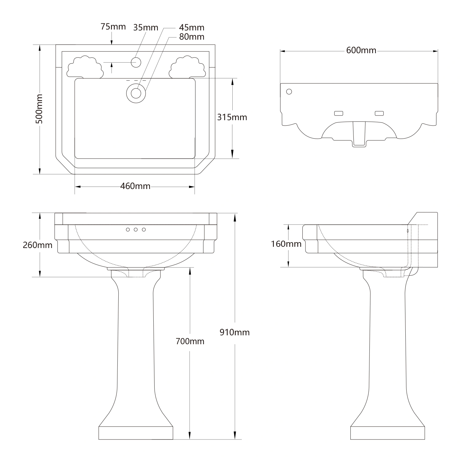 dimension figure of white ceramic pedestal sink mb-2079